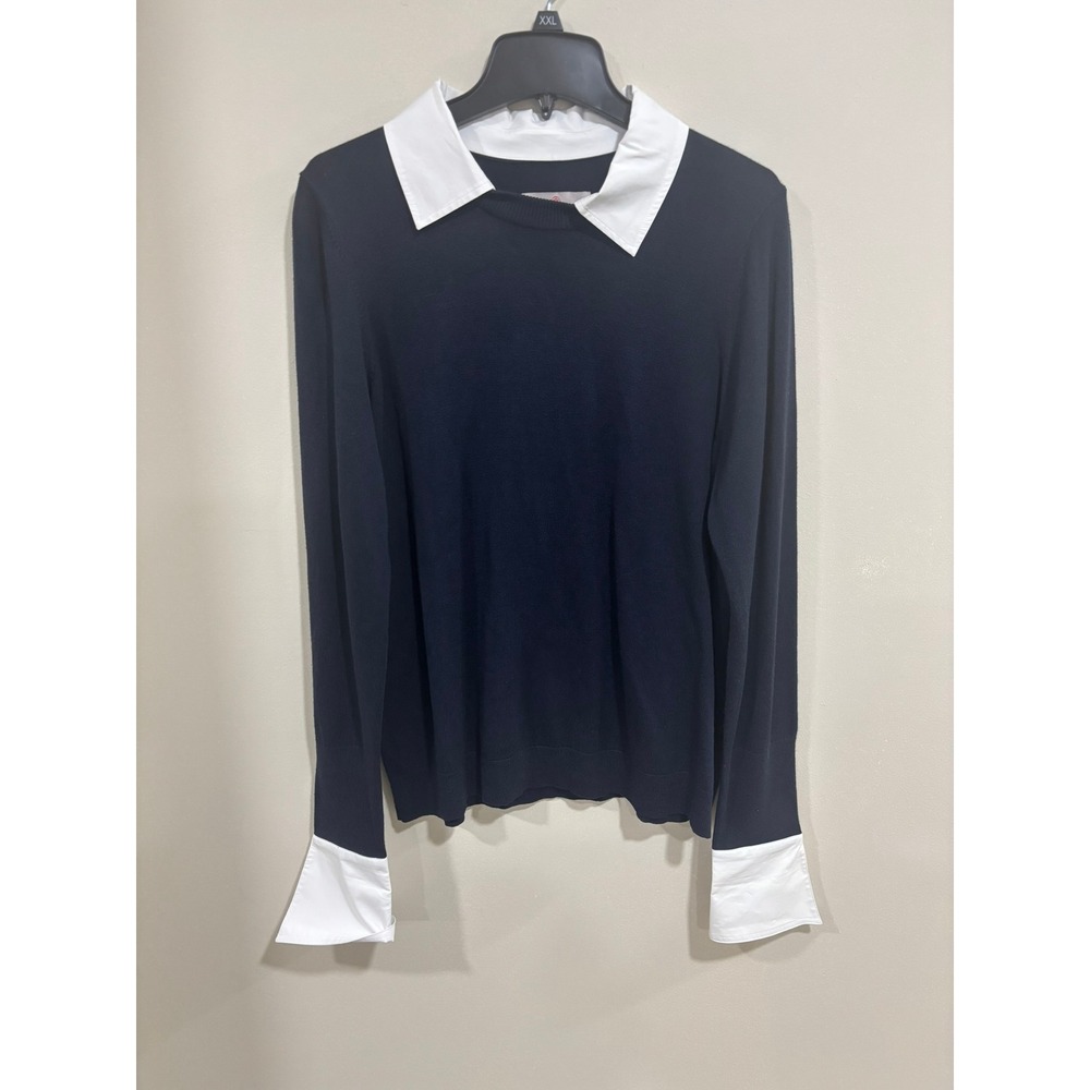 Laurie Felt Los Angeles Knit‎ Sweater Womens M Navy White Collar Cuff Top